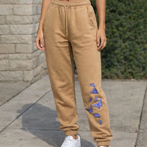 refuge Pants - 🌸 Refuge Tan Joggers with Blue Butterfly Accents